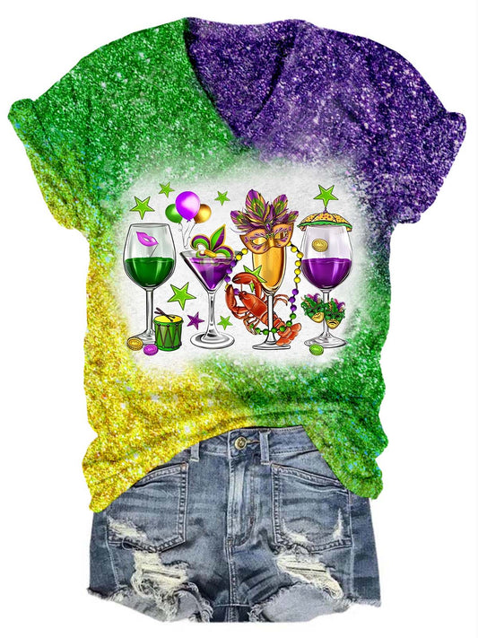 Multicolor Fat Tuesday Mardi Gras Glitter V-Neck T-Shirt