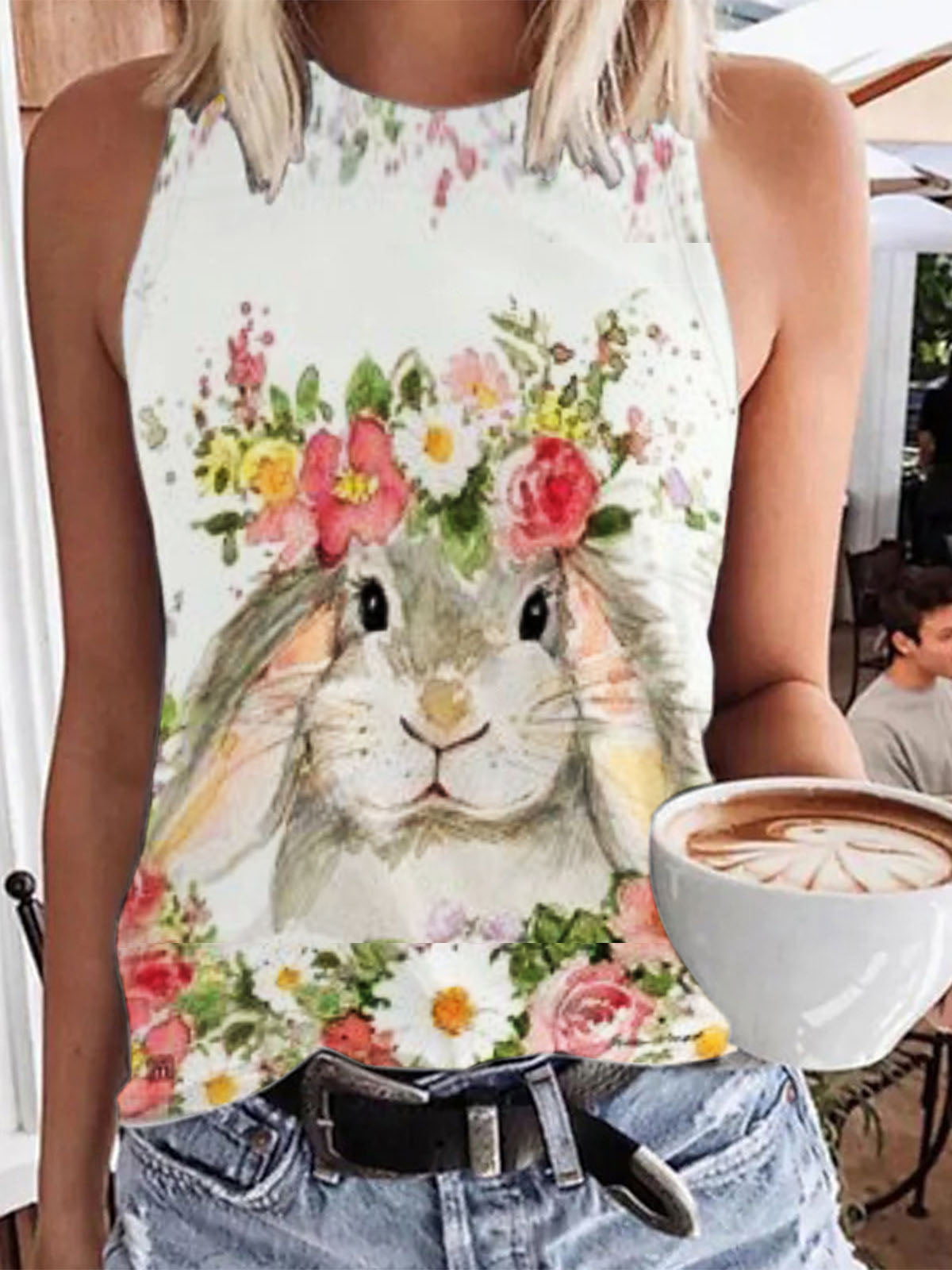 Women's Easter Floral Bunny Print Tank