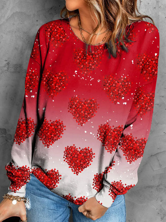 Red Heart Pattern Round Neck Straight Casual Sweatshirt