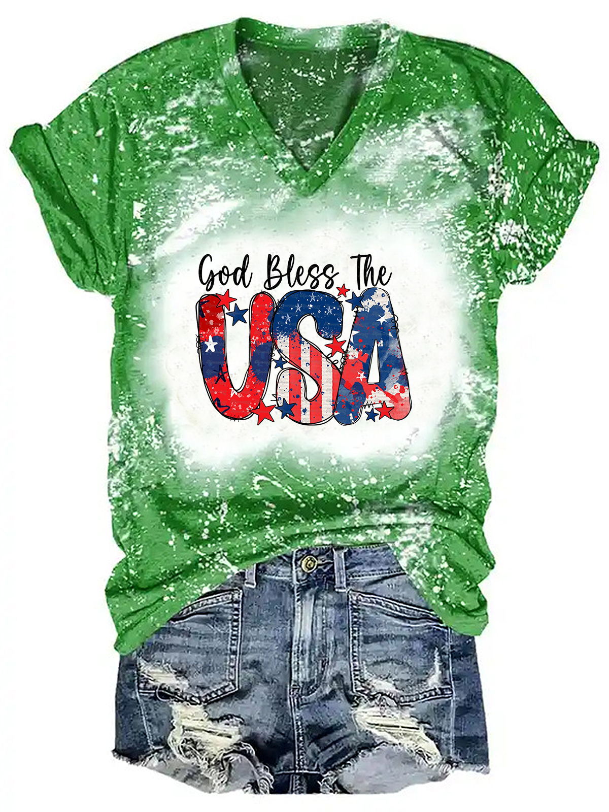 God Bless The USA Bleaching V Neck T-shirt