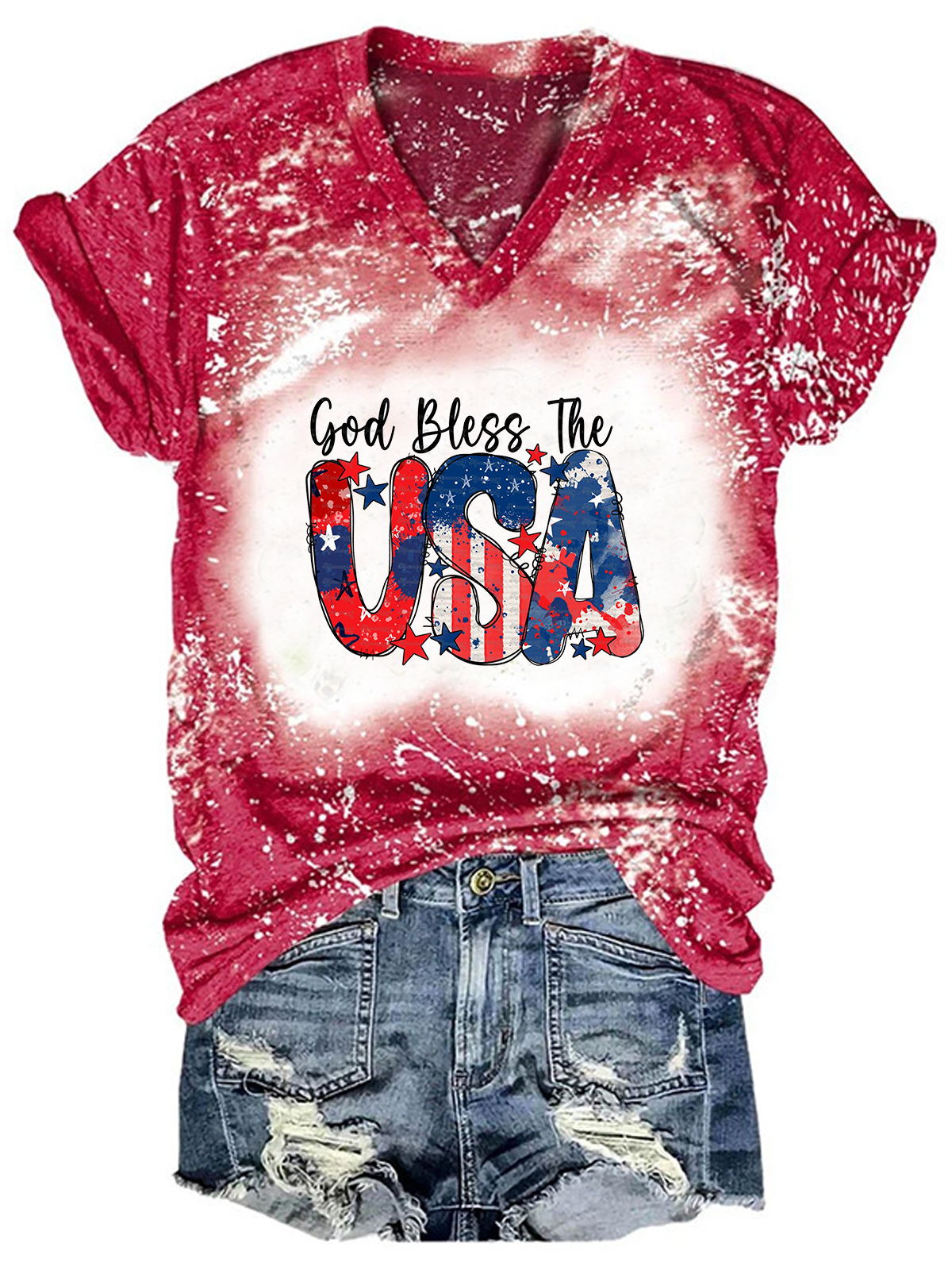 God Bless The USA Bleaching V Neck T-shirt