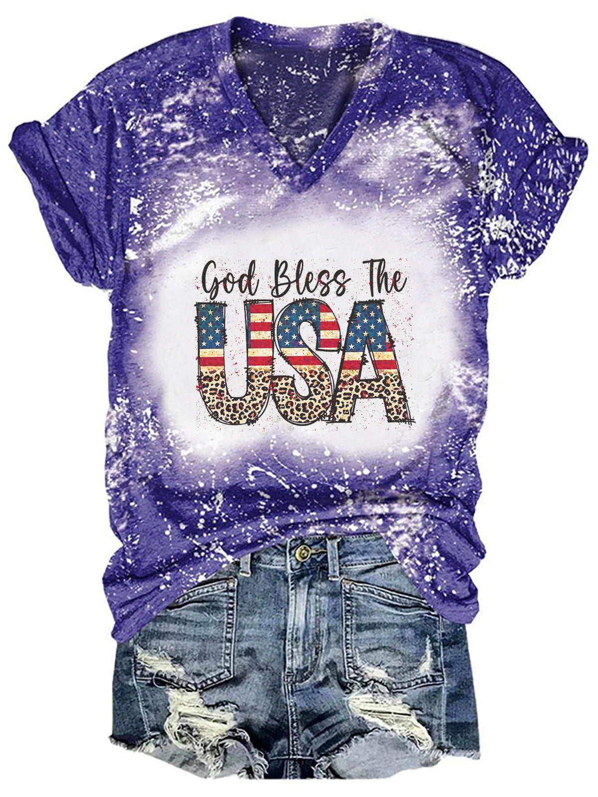 God Bless The USA Leopard Print Bleaching V Neck T-shirt