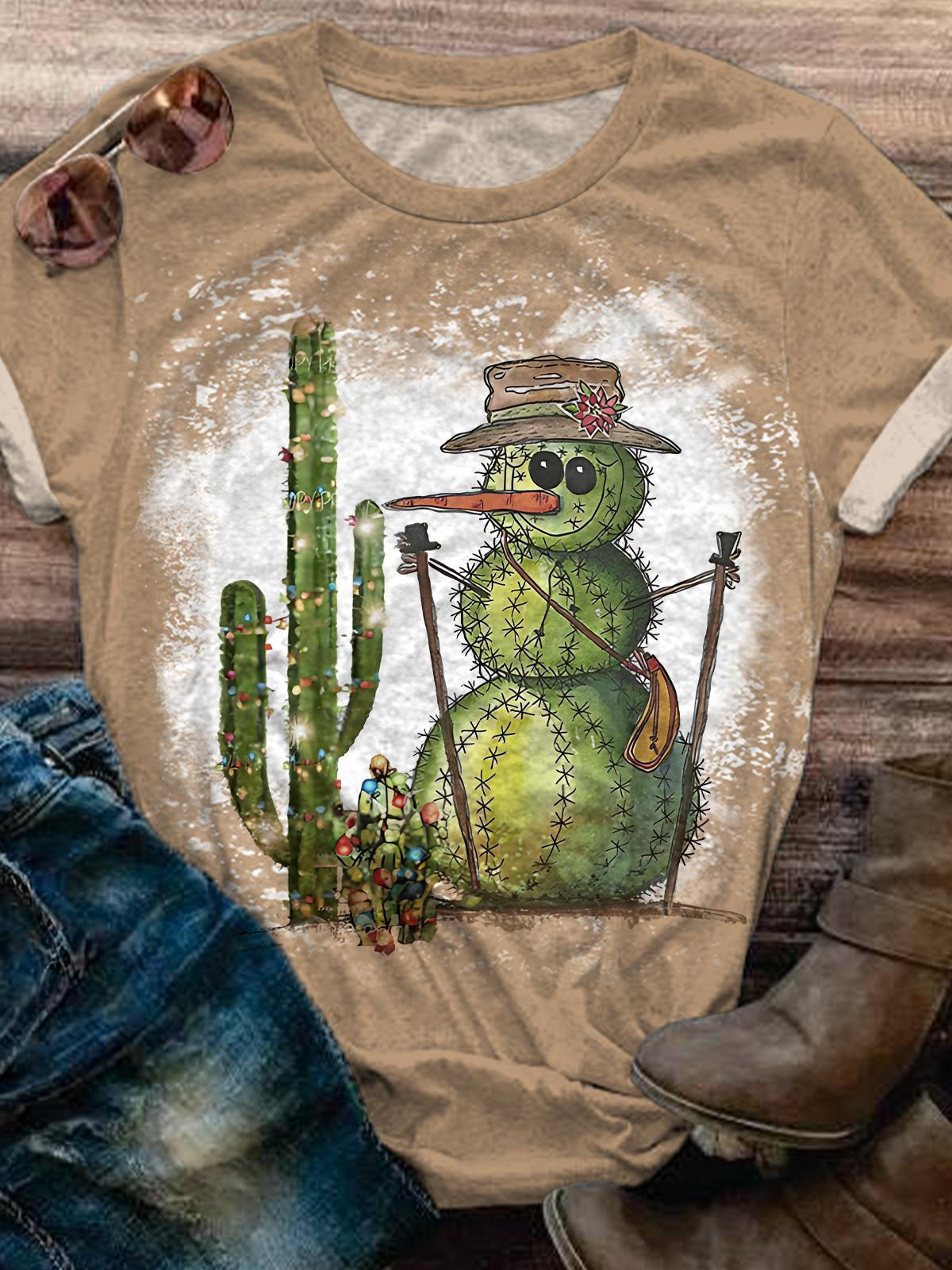 Cactus Snowman Print Crew Neck T-Shirt