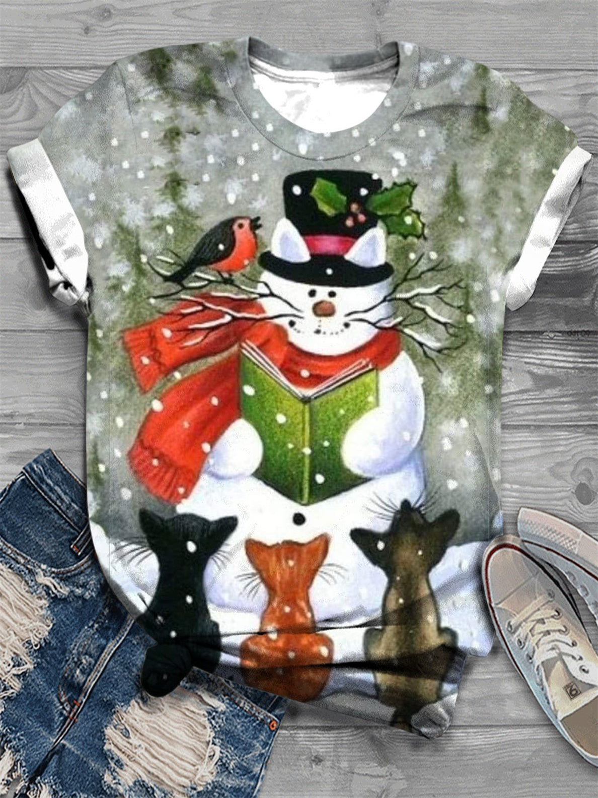 Snowman And Kitten Art Print Crew Neck T-Shirt