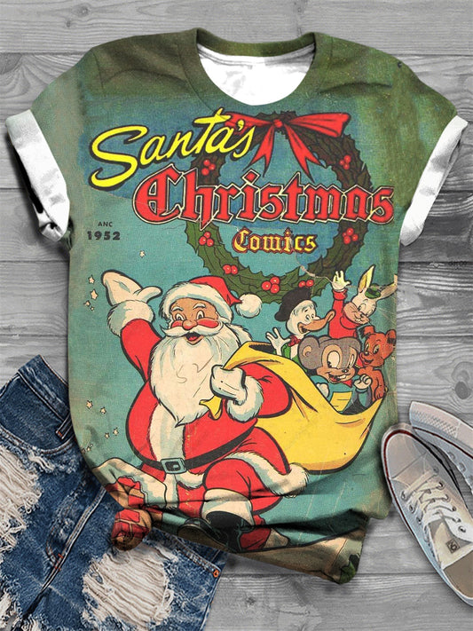 Santa Claus Retro Poster Print Crew Neck T-Shirt
