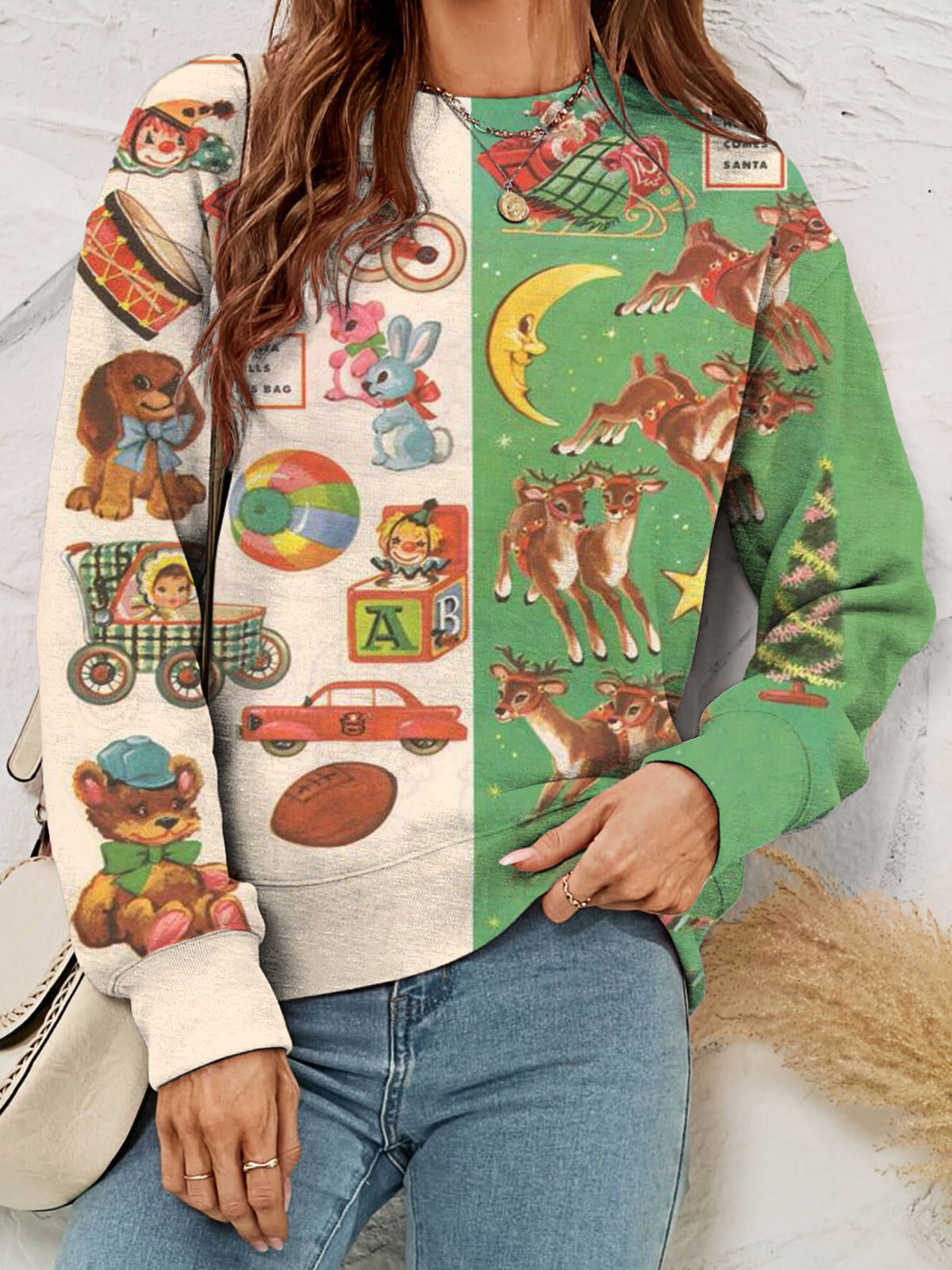Retro Christmas Patchwork Print Casual Long Sleeve Top