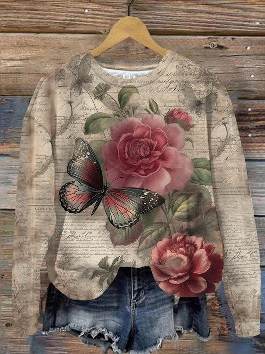 Vintage Floral Butterfly Print Round Neck Long Sleeve Top