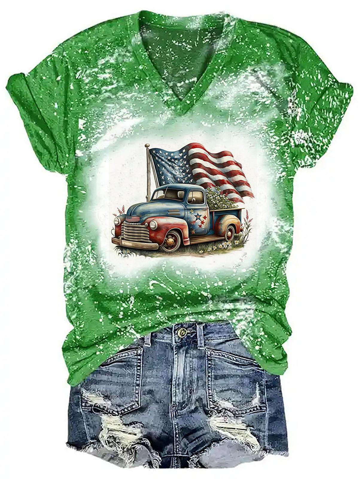 Women's Retro American Flag Truck Print T-Shirt