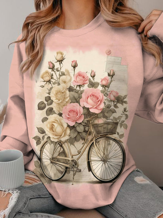 Women's Vinage Floral Print Round Neck Long Sleeve Top