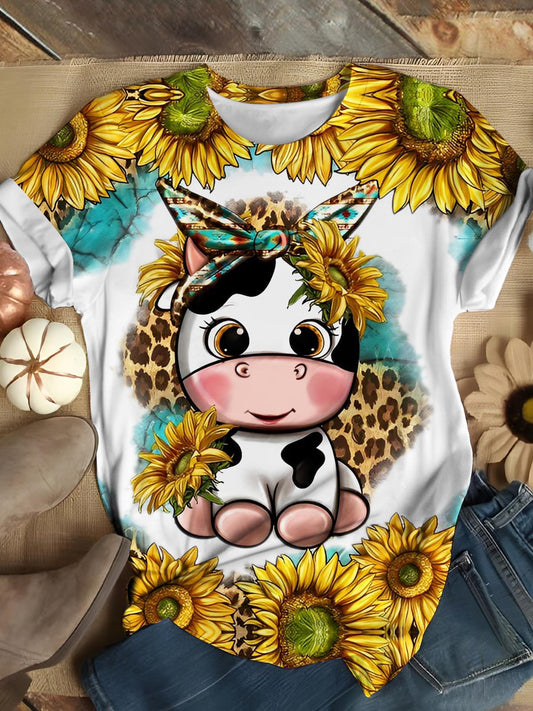 Cute Cow With Sunflower And Leopard T-Shirt