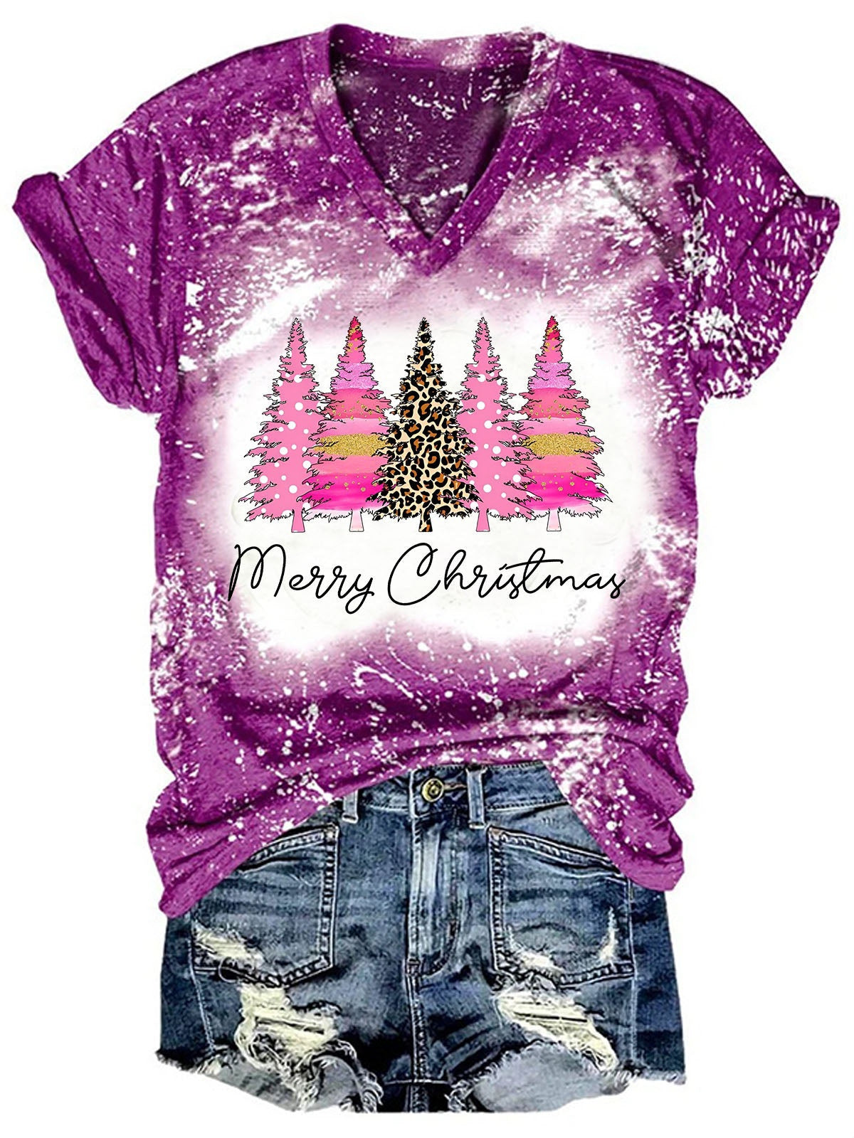 Christmas Tree Tie Dye V-Neck T-Shirt
