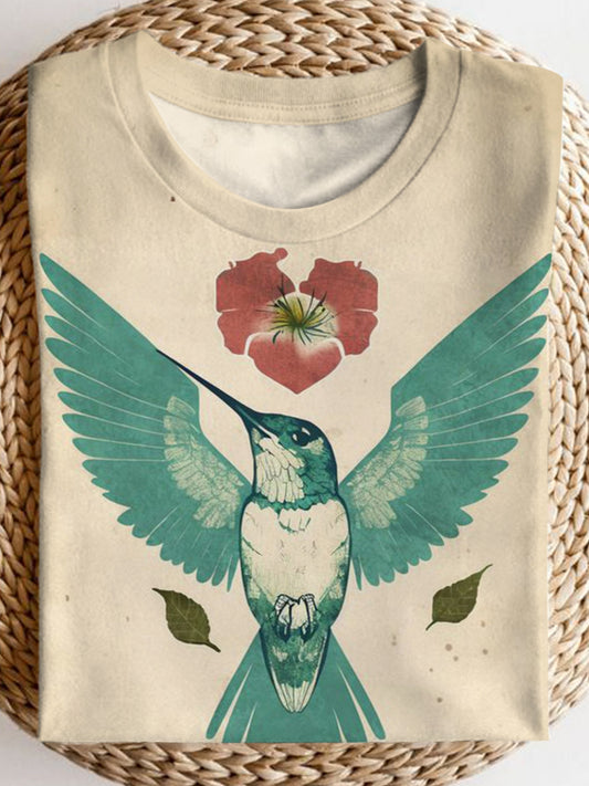 Vintage Red Flower Hummingbirds Crew Neck T-shirt