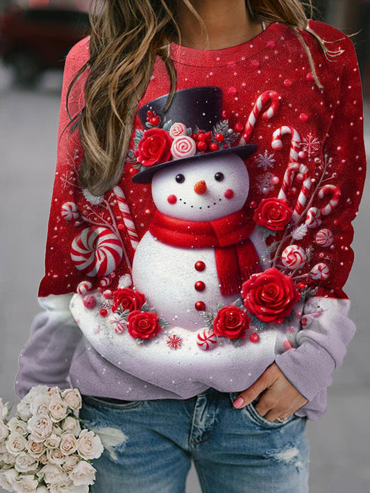 Red Rose Snowman Long Sleeve Casual Top