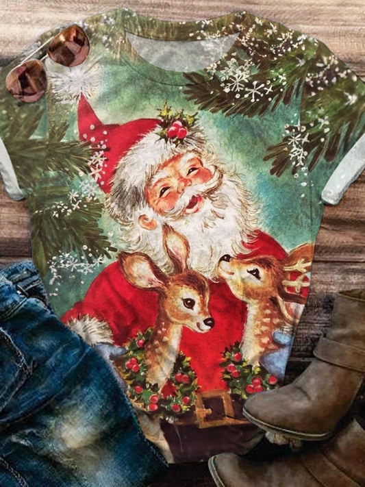 Santa Clause And Reindeers Crew Neck T-shirt