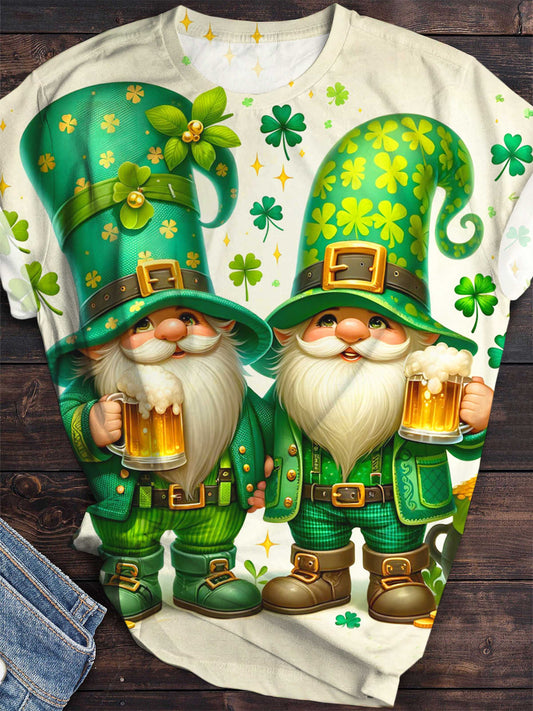 St. Patrick's Day Gnomes Print Crew Neck T-Shirt
