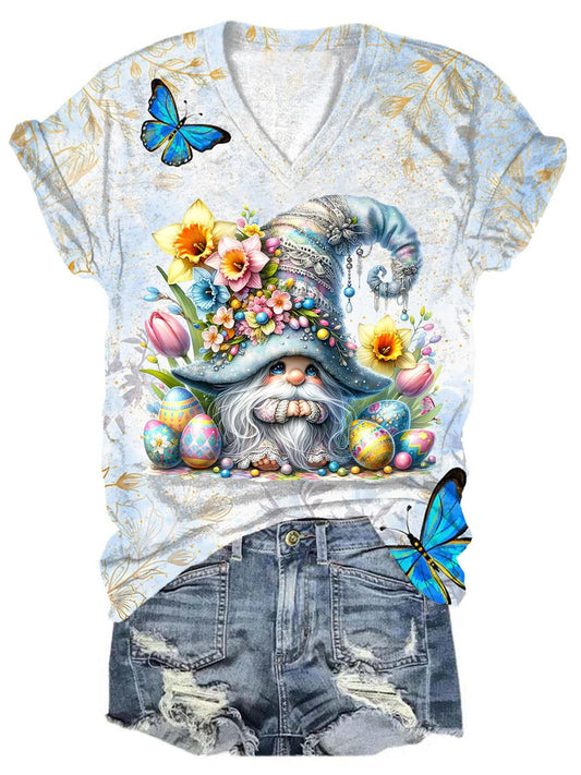 Floral Easter Gnome V-Neck T-Shirt