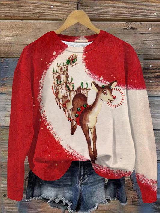 Christmas Deer Print Round Neck Long Sleeve Top