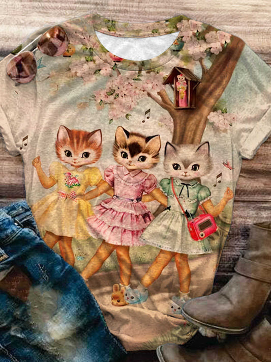 Cute Retro Cat Print Crew Neck T-Shirt