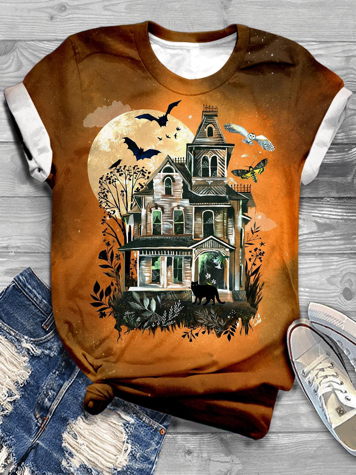 Owl Haunted House Print Casual T-shirt