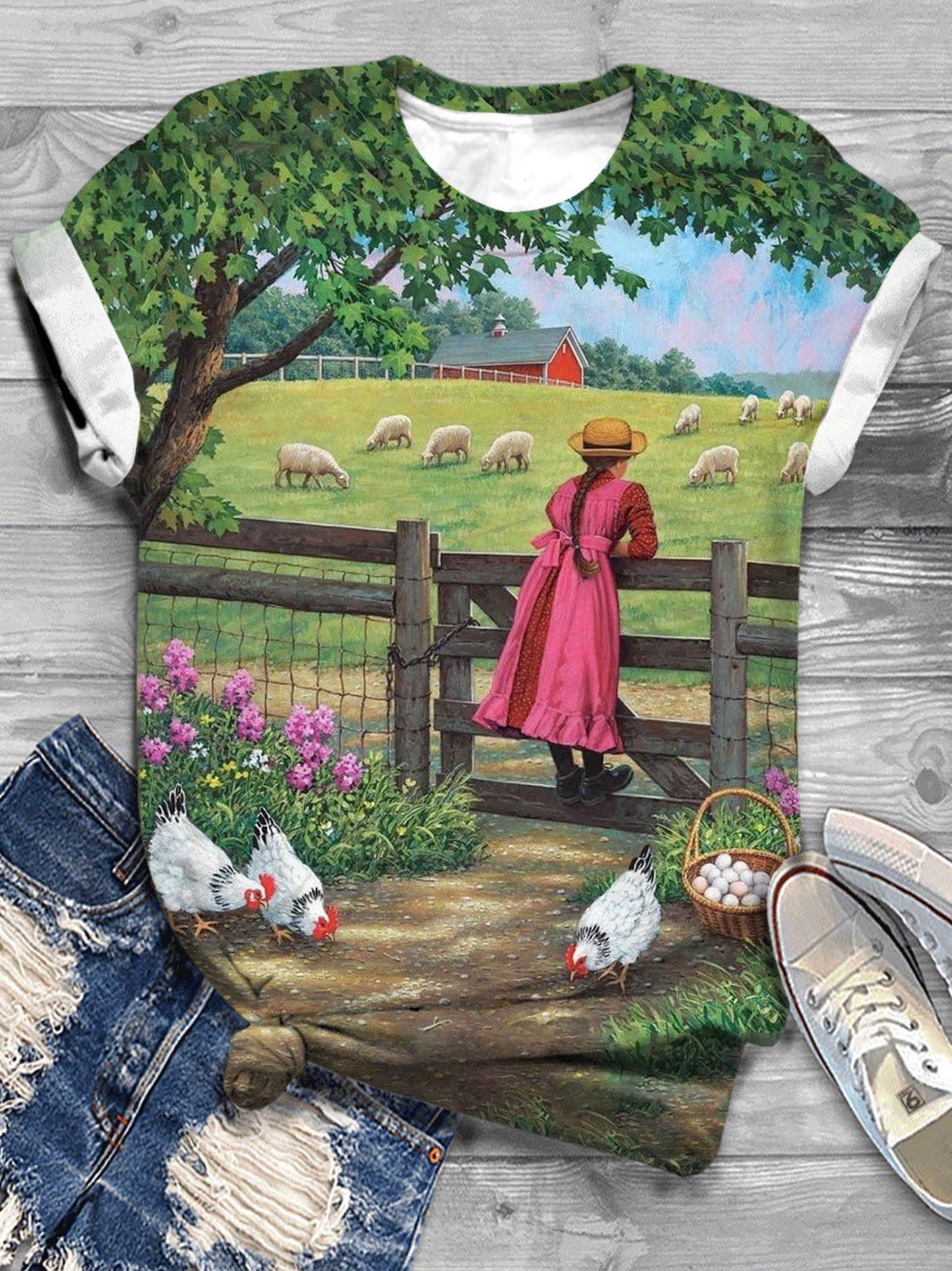Farm Illustration Short Sleeve Round Neck T-Shirt