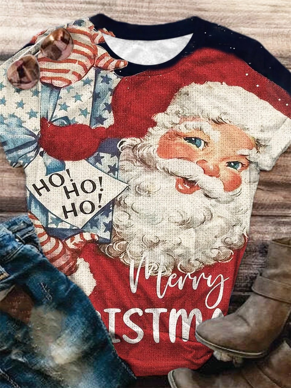 Santa Claus Christmas Print Casual Round Neck T-Shirt
