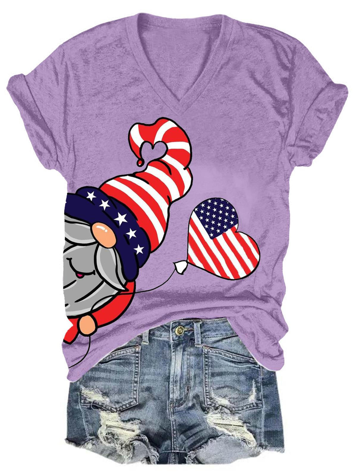 Women's V Neck Funny Gnome American Flag Print T-Shirt