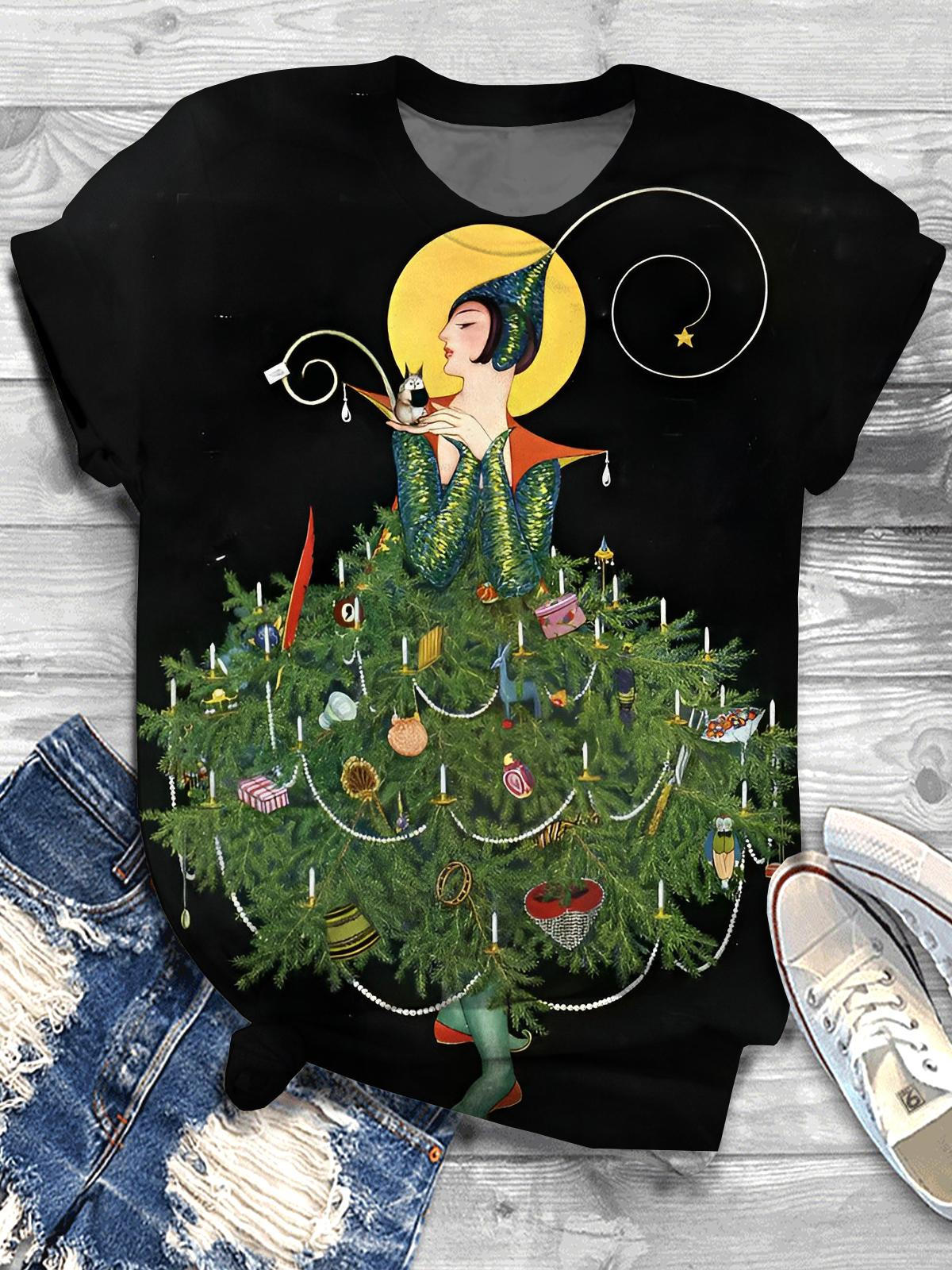 Christmas Tree Print Crew Neck T-shirt