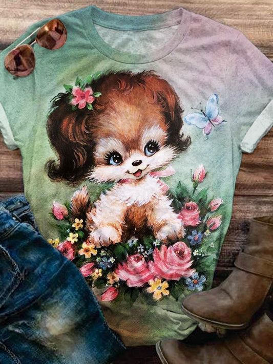 Vintage Flower Puppy Crew Neck T-shirt