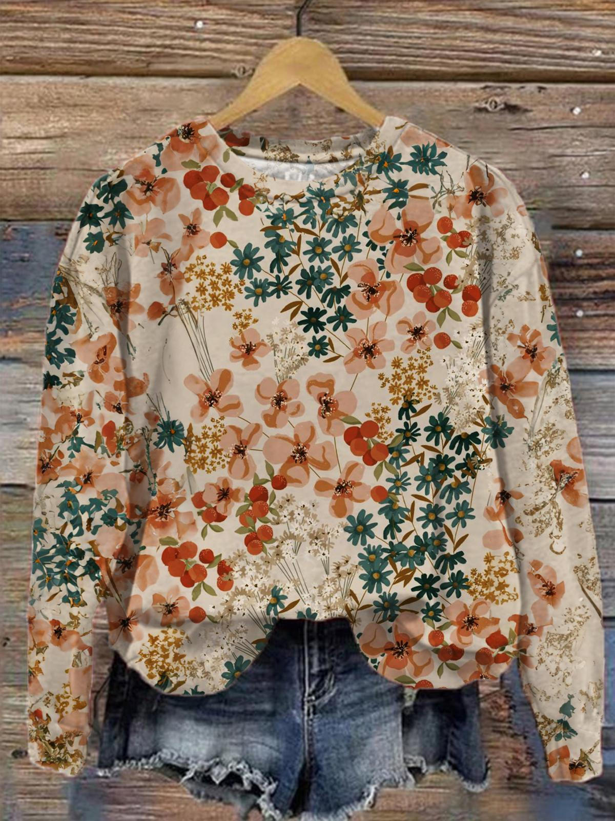 Women's Retro Floral Print Long Sleeve Top