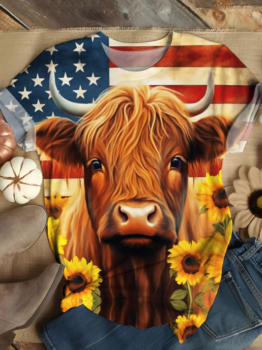 Women's American Flag Highland Cow Print Top