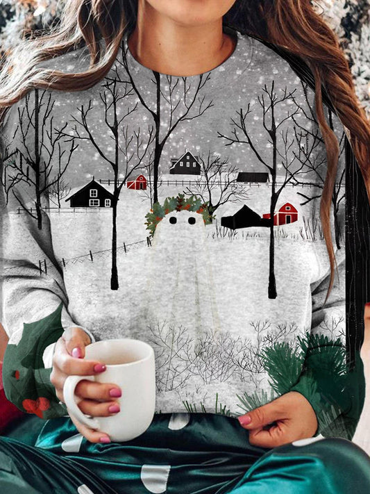 Ghosted Snow Print Round Neck Long Sleeve Top
