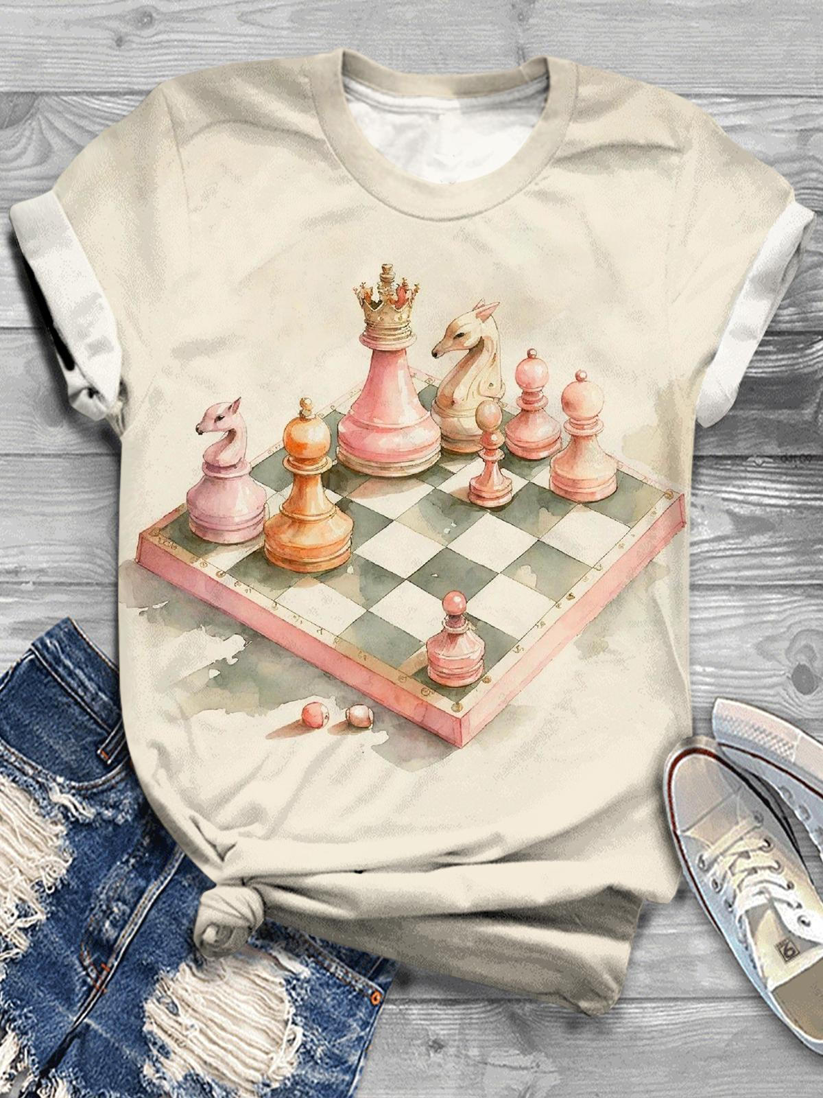 Pink Chess Broad Crew Neck T-shirt