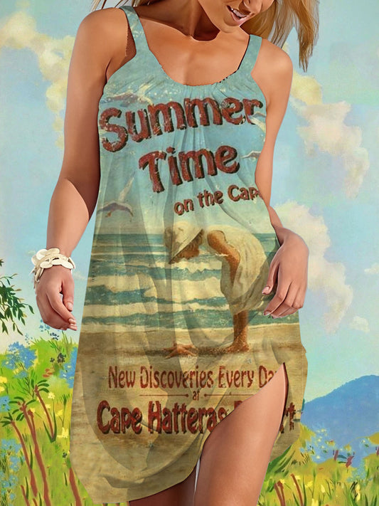 Retro Summer Time Print Sleeveless Dress