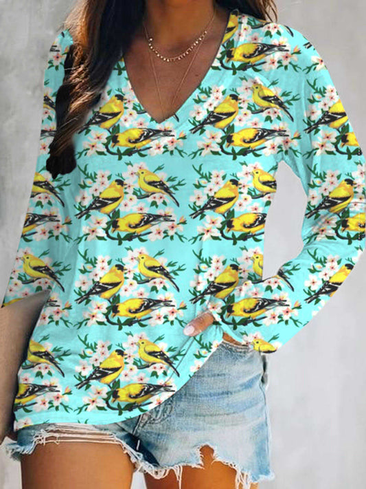Retro Bird Flower V-Neck Long Sleeve T-Shirt