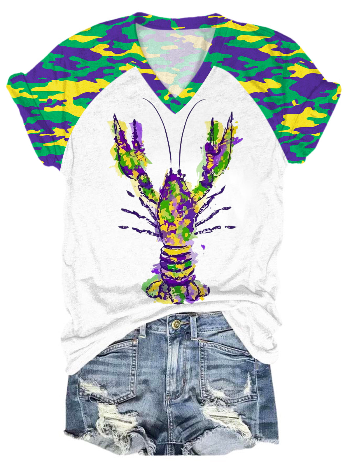 Mardi Gras Camouflage Crawfish V-Neck T-Shirt