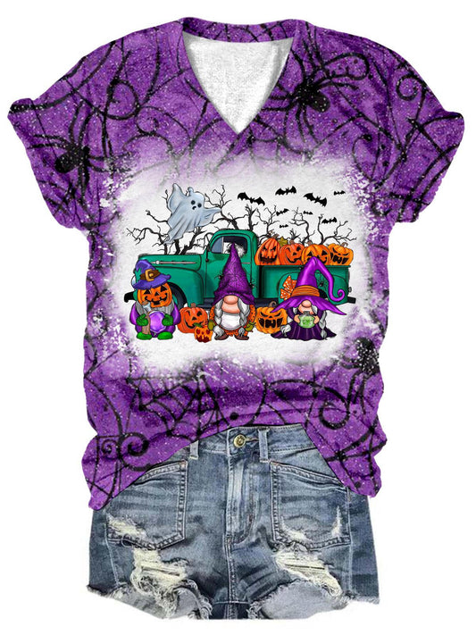 Spooky Pumpkin Truck Gnomes Tie Dye V Neck T-Shirt