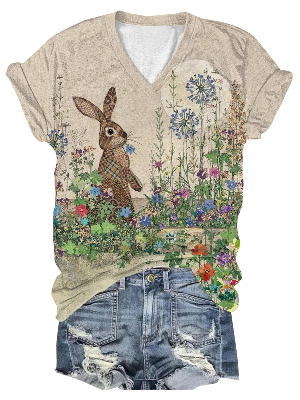Rabbit Floral V-Neck Short Sleeve T-Shirt