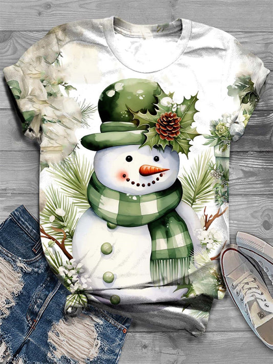 Women's Green Snowman Print Crew Neck T-Shirt
