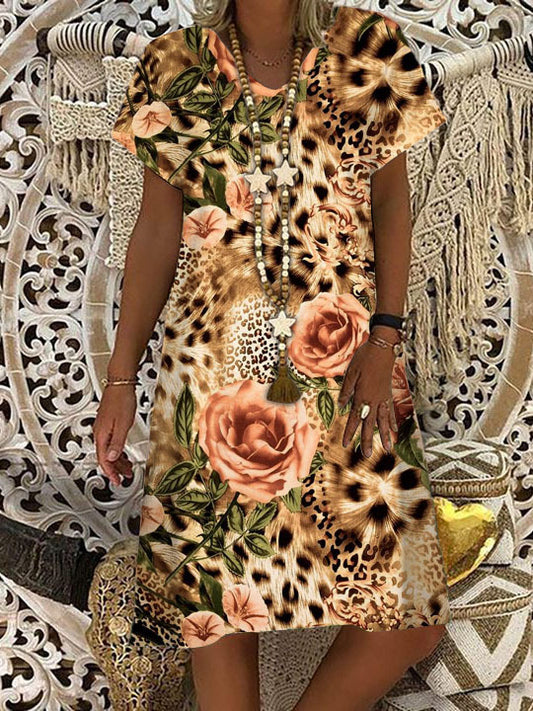 Women's Leopard Rose Print Short Sleeve Dress