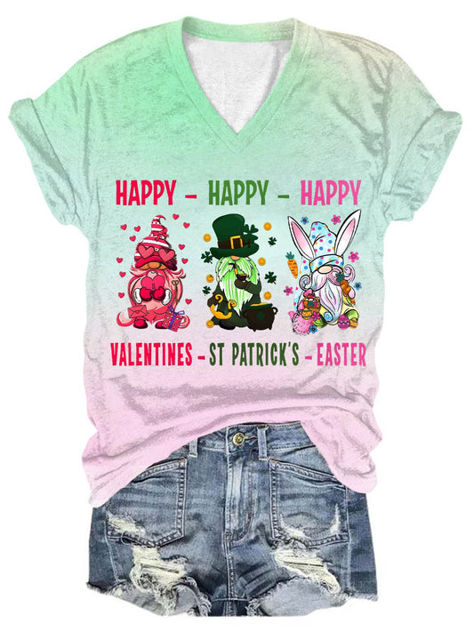 Happy Valentines St Patrick Easter With Gnomies Print V-Neck T-Shirt