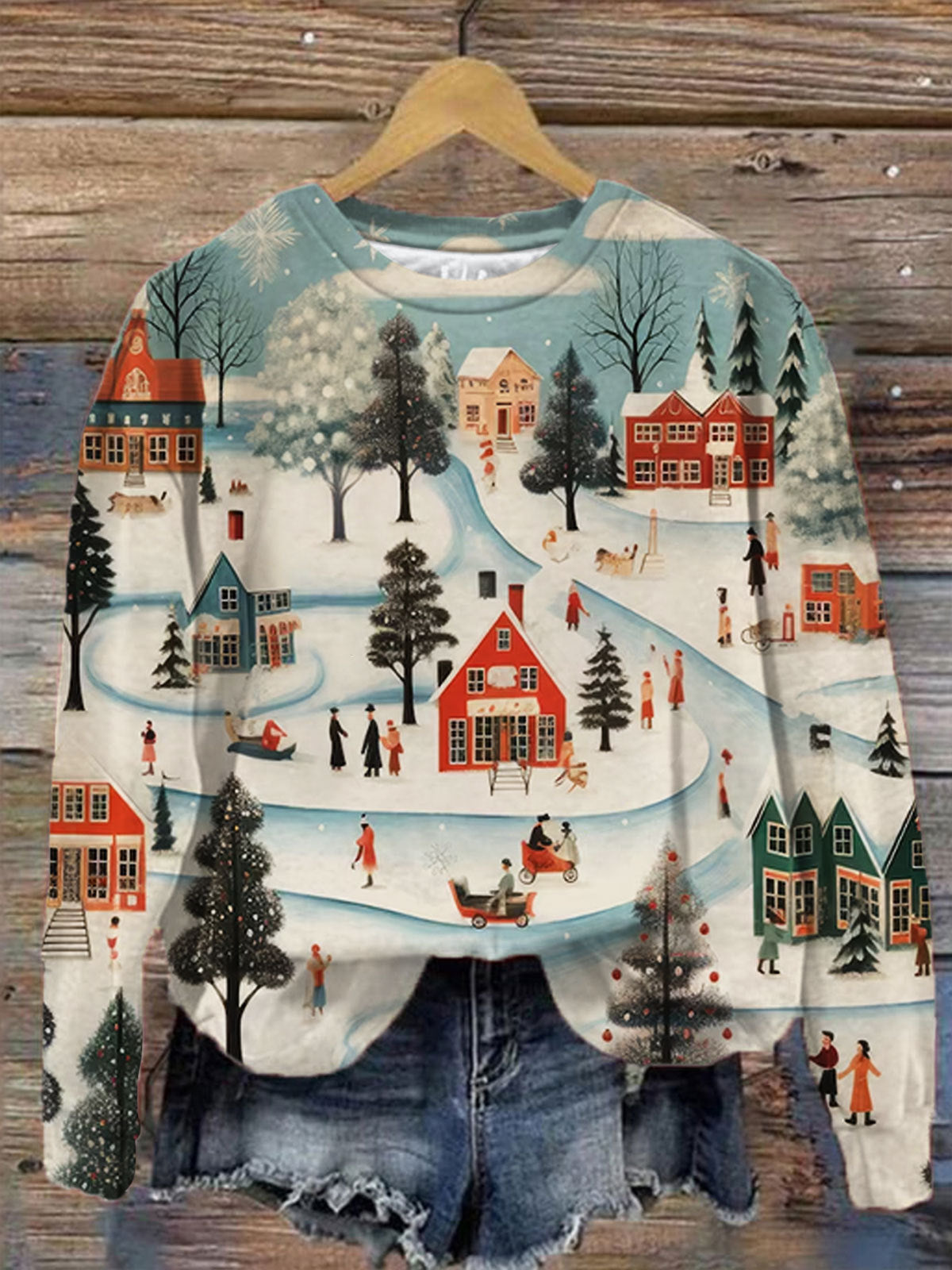 Vintage Winter Holiday Print Round Neck Long Sleeve Top