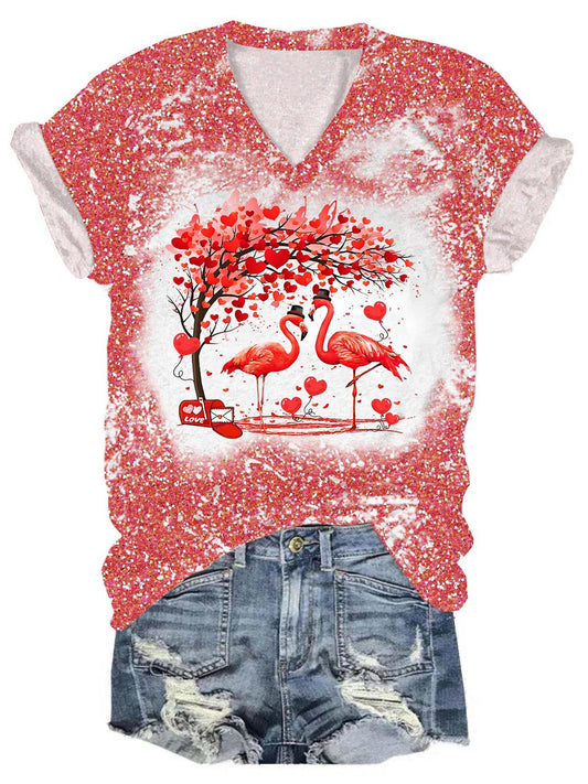 Valentines Flamingo Heart Tree Print V-Neck Short Sleeve T-Shirt