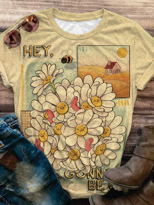 Vintage Daisy Print Crew Neck T-Shirt