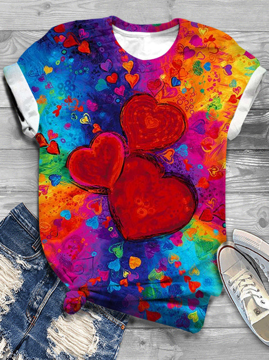 Women's Tie Dye Heart Print Round Neck T-Shirt