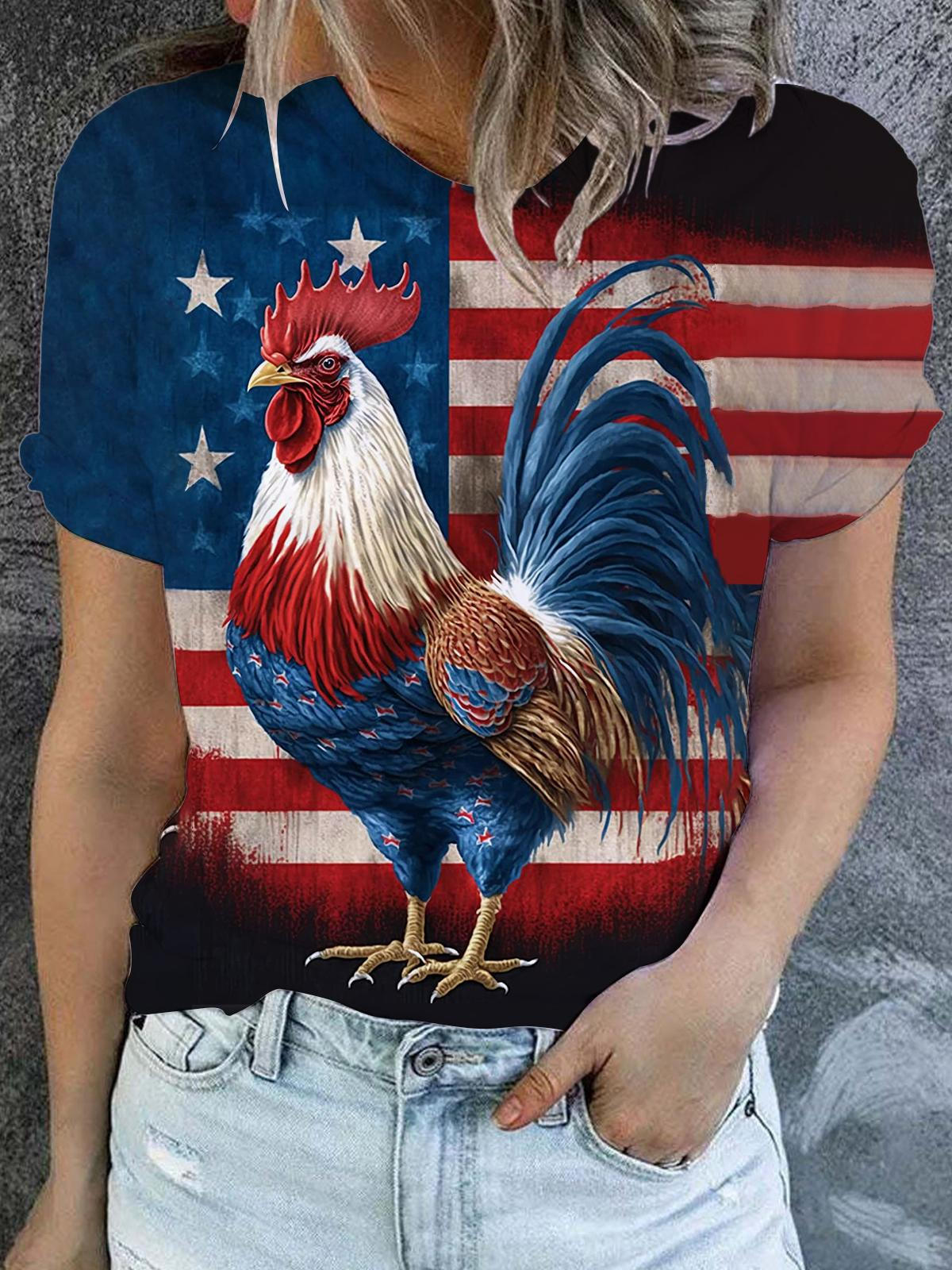USA Flag Rooster Print Crew Neck T-shirt