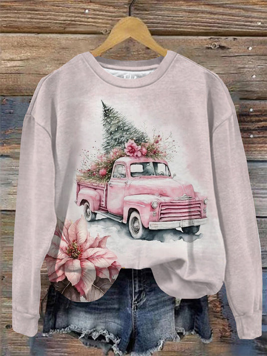 Christmas Pickup Truck Print Round Neck Long Sleeve Top