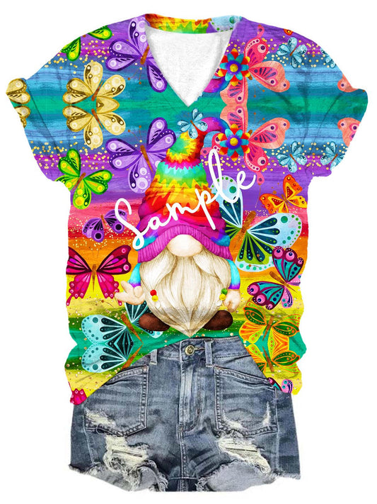 Women's Colorful Butterfly Gnome Print T-Shirt