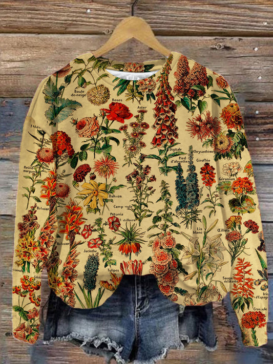Women's Vintage Floral Print Round Neck Long Sleeve Top