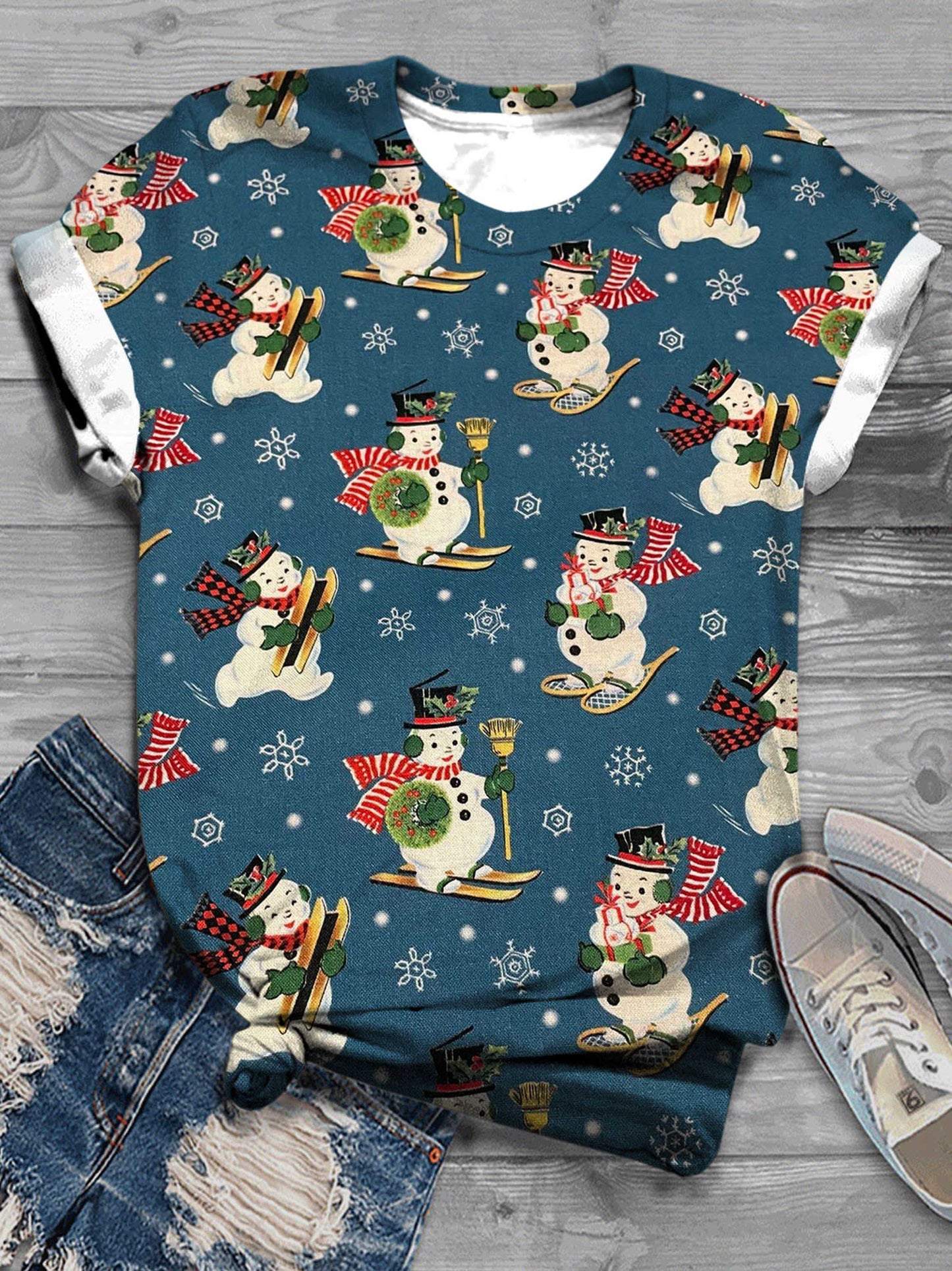 Vintage Jolly Snowman Print Crew Neck T-Shirt