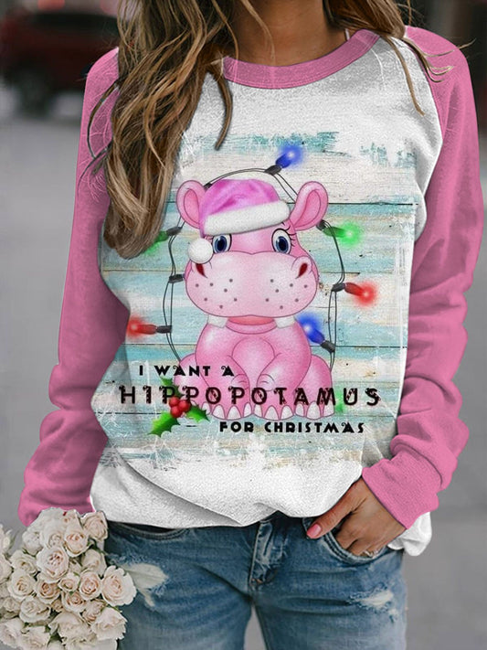 Christmas Hippopotamus Print Long Sleeve Casual Top